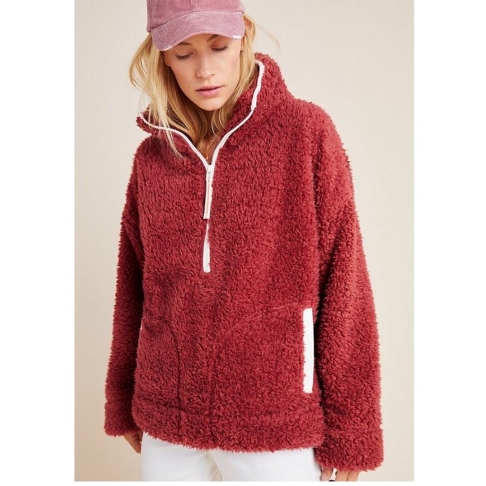 Anthropologie Saturday Sunday Annette‎ Sherpa Pullover 1/2 Zip Cozy Fleece Red S